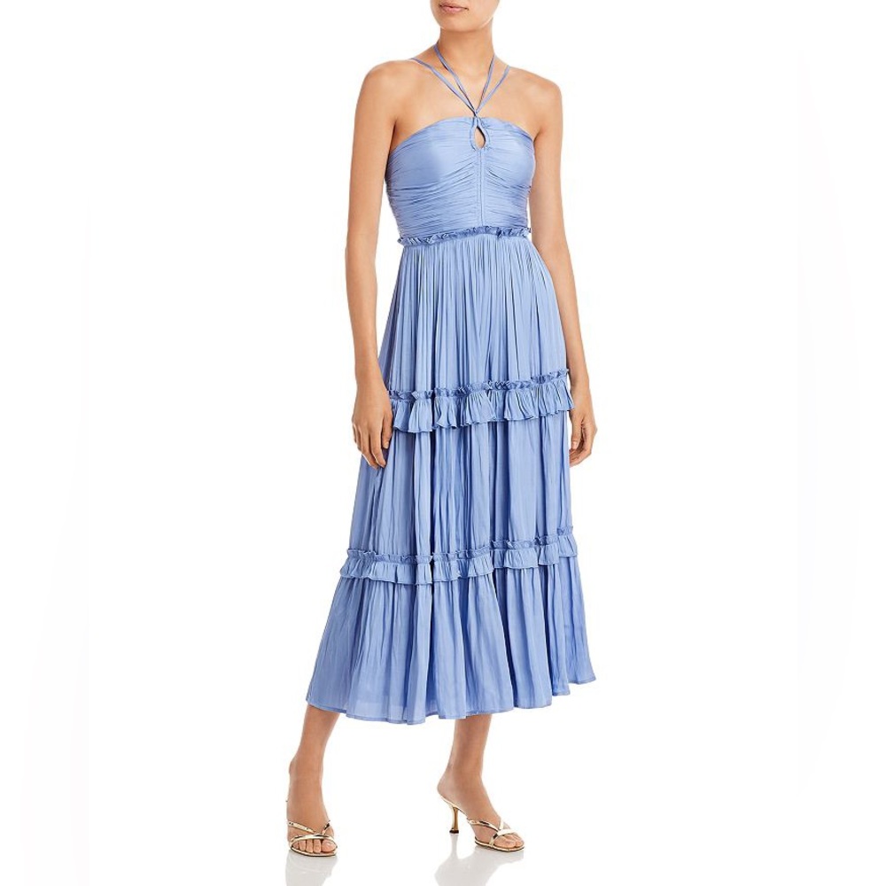 AQUA Strappy Ruched Midi Dress in Blue